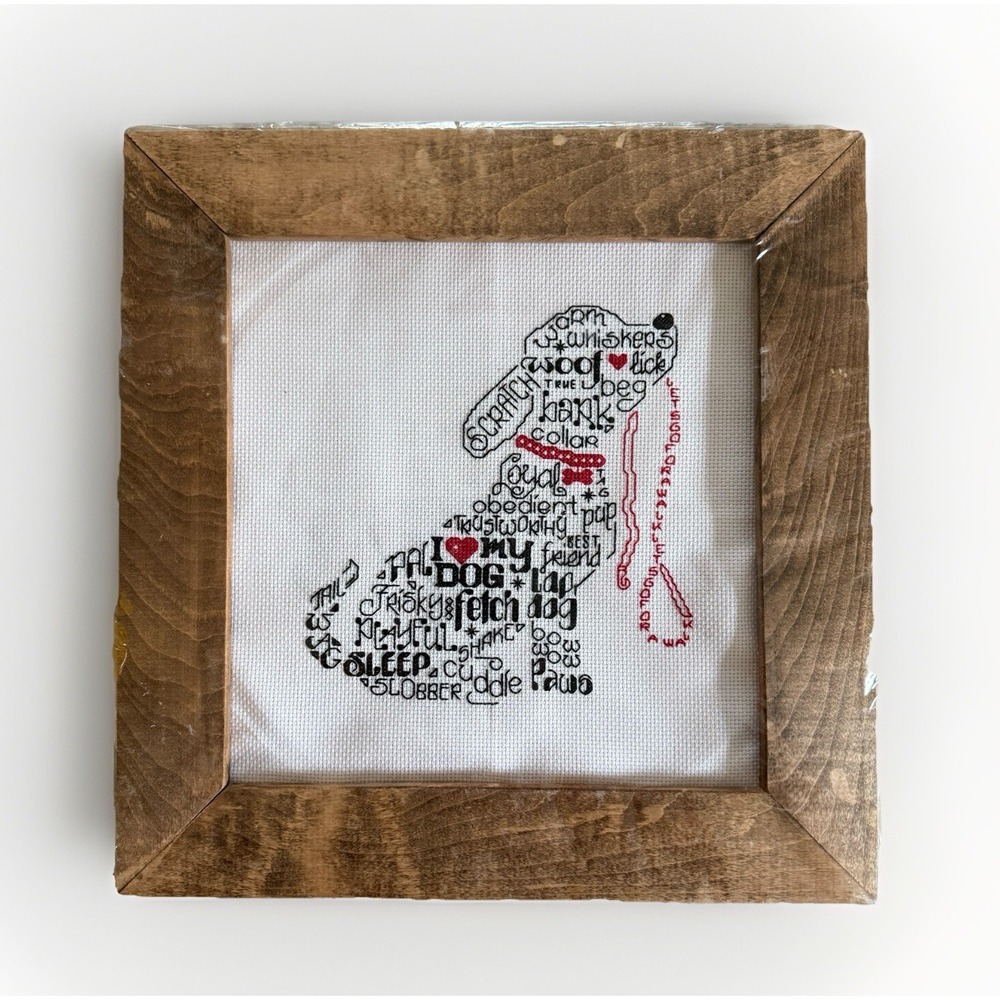 Handmade Dog Word Art Cross Stitch Rustic Wood Frame 14" Gift Needle Work Art